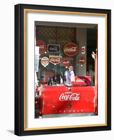 Smiling vendor in booth, Covered Bridge Festival, Mansfield, Indiana, USA-Anna Miller-Framed Photographic Print
