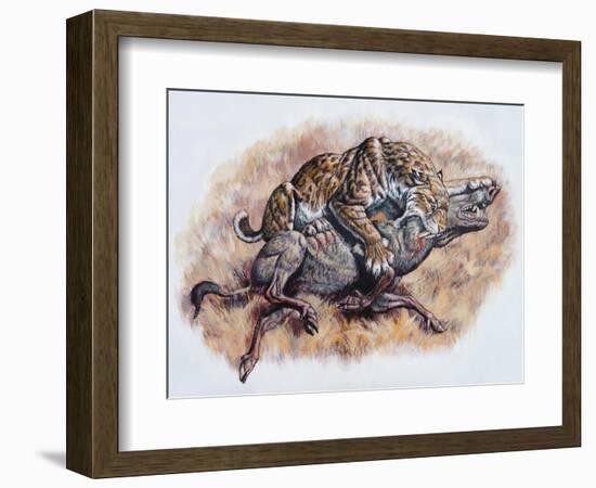 Smilodon (Dirk Sabertooth) Killing a Platygonus-null-Framed Art Print