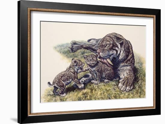 Smilodon Sabertooth Mother and Her Cubs-null-Framed Art Print