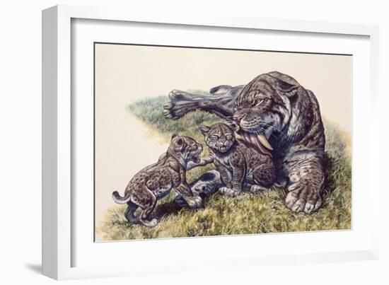 Smilodon Sabertooth Mother and Her Cubs-null-Framed Art Print