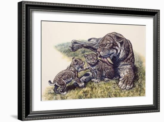 Smilodon Sabertooth Mother and Her Cubs-null-Framed Art Print