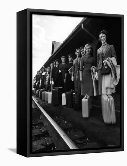 Smith College Girls Standing at Northampton Station with Their Suitcases-Yale Joel-Framed Premier Image Canvas