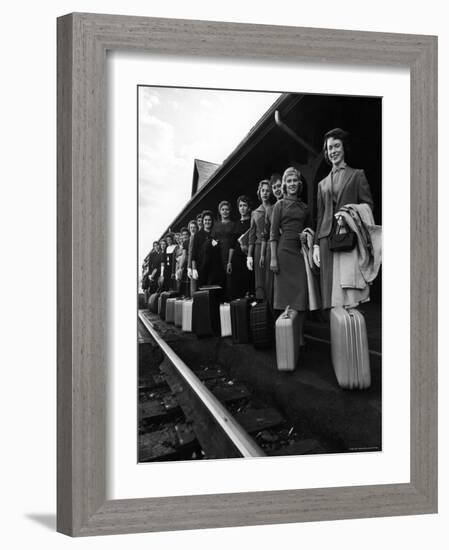 Smith College Girls Standing at Northampton Station with Their Suitcases-Yale Joel-Framed Photographic Print