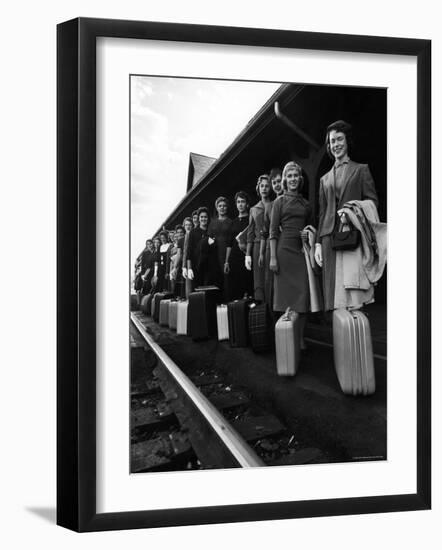 Smith College Girls Standing at Northampton Station with Their Suitcases-Yale Joel-Framed Photographic Print