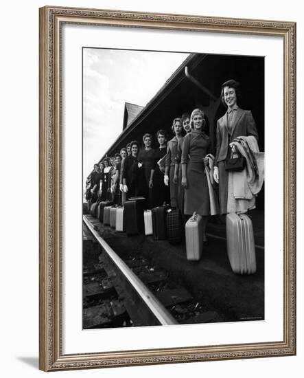 Smith College Girls Standing at Northampton Station with Their Suitcases-Yale Joel-Framed Photographic Print