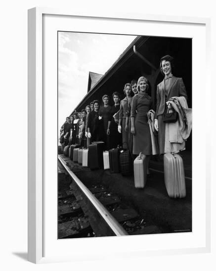 Smith College Girls Standing at Northampton Station with Their Suitcases-Yale Joel-Framed Photographic Print