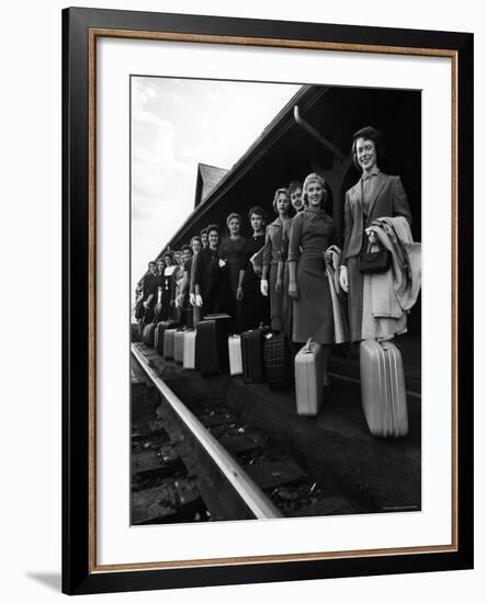 Smith College Girls Standing at Northampton Station with Their Suitcases-Yale Joel-Framed Photographic Print