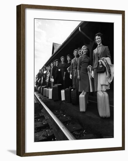 Smith College Girls Standing at Northampton Station with Their Suitcases-Yale Joel-Framed Photographic Print