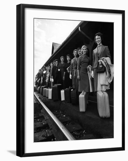 Smith College Girls Standing at Northampton Station with Their Suitcases-Yale Joel-Framed Photographic Print