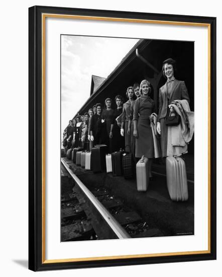 Smith College Girls Standing at Northampton Station with Their Suitcases-Yale Joel-Framed Photographic Print