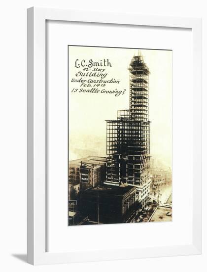 Smith Tower View with Construction - Seattle, WA-Lantern Press-Framed Art Print