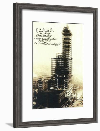 Smith Tower View with Construction - Seattle, WA-Lantern Press-Framed Art Print