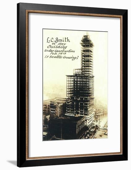 Smith Tower View with Construction - Seattle, WA-Lantern Press-Framed Art Print