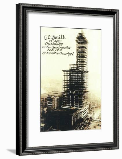 Smith Tower View with Construction - Seattle, WA-Lantern Press-Framed Art Print
