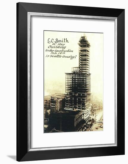 Smith Tower View with Construction - Seattle, WA-Lantern Press-Framed Art Print