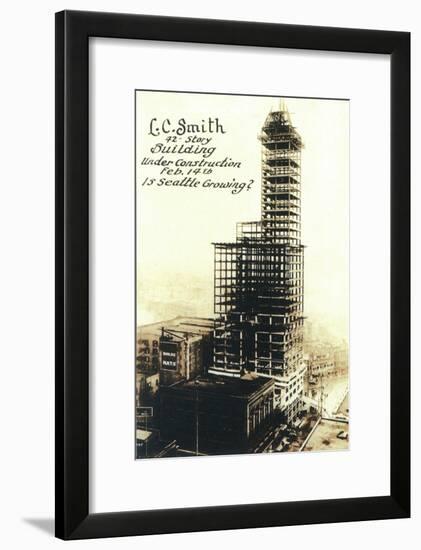 Smith Tower View with Construction - Seattle, WA-Lantern Press-Framed Art Print