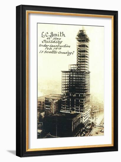 Smith Tower View with Construction - Seattle, WA-Lantern Press-Framed Art Print