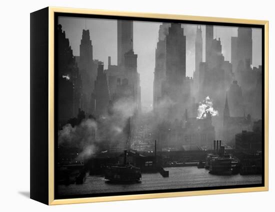 Smoggy Waterfront Skyline of New York City as Seen from the Shores of New Jersey-Andreas Feininger-Framed Premier Image Canvas