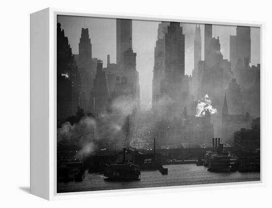 Smoggy Waterfront Skyline of New York City as Seen from the Shores of New Jersey-Andreas Feininger-Framed Premier Image Canvas