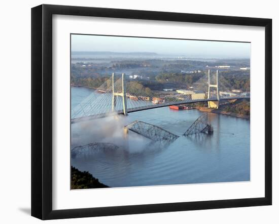 Smoke Rises from the Surface of the Mississippi River, Missouri-null-Framed Photographic Print