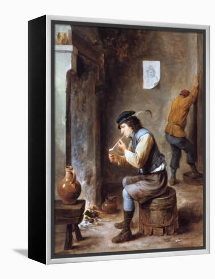 Smoker in Front of a Fire, 17th Century-David Teniers the Younger-Framed Premier Image Canvas