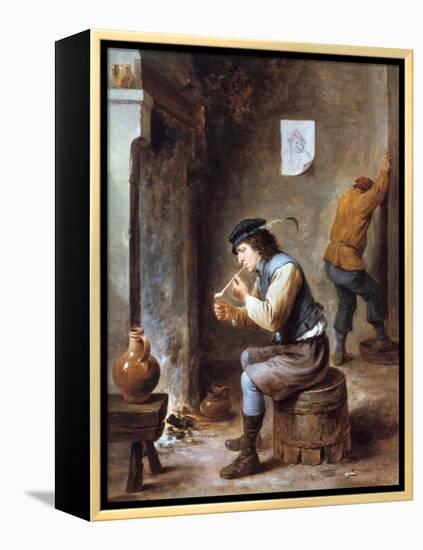 Smoker in Front of a Fire, 17th Century-David Teniers the Younger-Framed Premier Image Canvas
