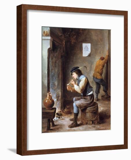 Smoker in Front of a Fire, 17th Century-David Teniers the Younger-Framed Giclee Print