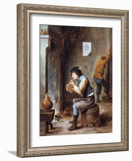 Smoker in Front of a Fire, 17th Century-David Teniers the Younger-Framed Giclee Print