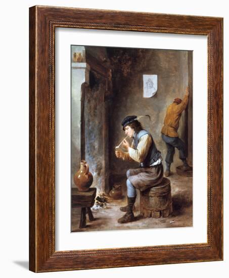 Smoker in Front of a Fire, 17th Century-David Teniers the Younger-Framed Giclee Print