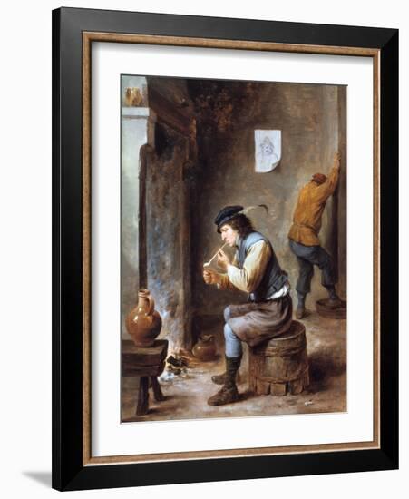 Smoker in Front of a Fire, 17th Century-David Teniers the Younger-Framed Giclee Print