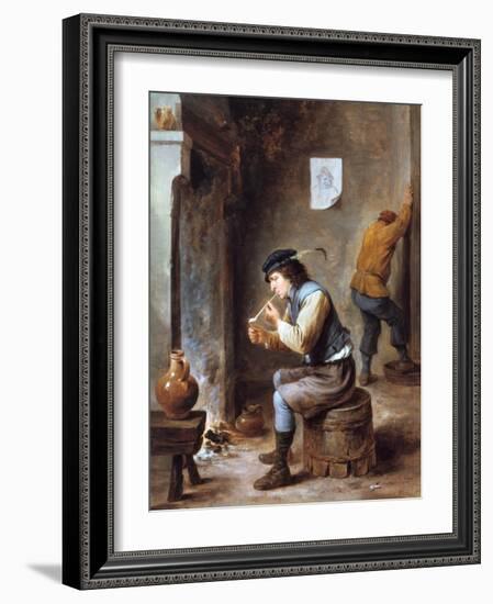 Smoker in Front of a Fire, 17th Century-David Teniers the Younger-Framed Giclee Print