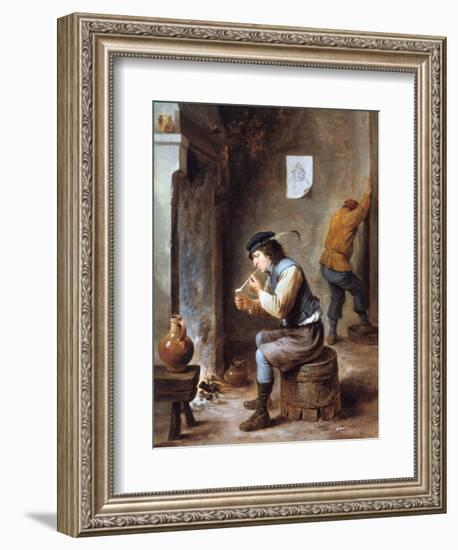 Smoker in Front of a Fire, 17th Century-David Teniers the Younger-Framed Giclee Print