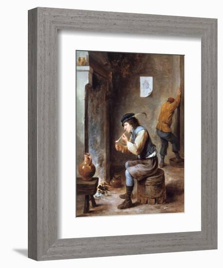 Smoker in Front of a Fire, 17th Century-David Teniers the Younger-Framed Giclee Print