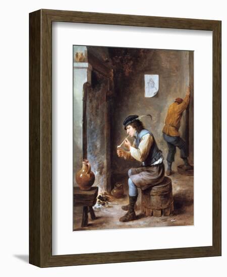 Smoker in Front of a Fire, 17th Century-David Teniers the Younger-Framed Giclee Print