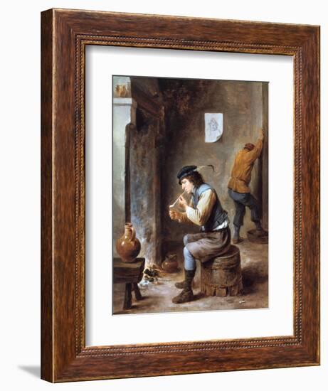 Smoker in Front of a Fire, 17th Century-David Teniers the Younger-Framed Giclee Print