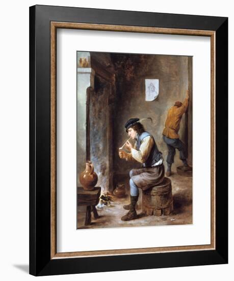 Smoker in Front of a Fire, 17th Century-David Teniers the Younger-Framed Giclee Print