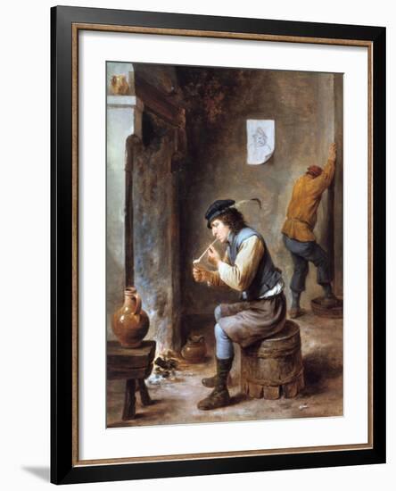 Smoker in Front of a Fire, 17th Century-David Teniers the Younger-Framed Giclee Print