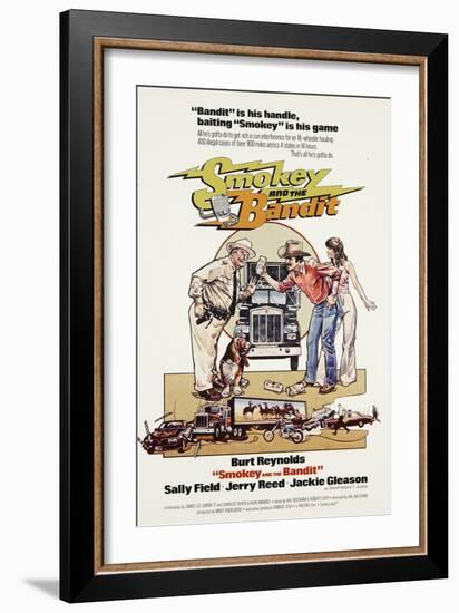 Smokey and the Bandit, from Left: Jackie Gleason, Burt Reynolds, Sally Field, 1977-null-Framed Art Print