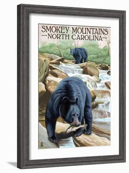 Smokey Mountains, North Carolina - Bears Fishing-Lantern Press-Framed Art Print