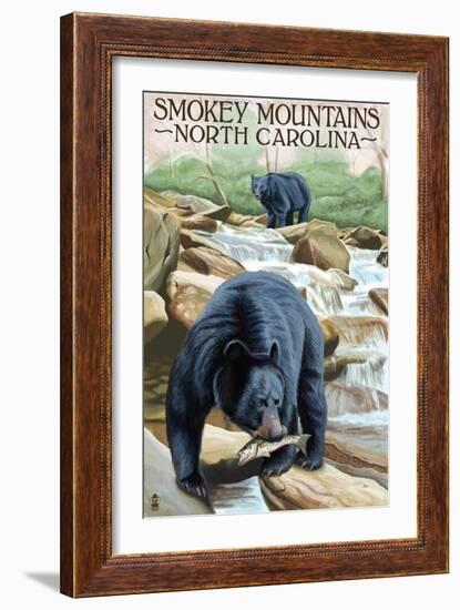 Smokey Mountains, North Carolina - Bears Fishing-Lantern Press-Framed Art Print