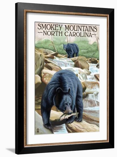 Smokey Mountains, North Carolina - Bears Fishing-Lantern Press-Framed Art Print