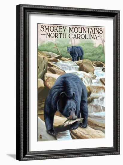 Smokey Mountains, North Carolina - Bears Fishing-Lantern Press-Framed Art Print