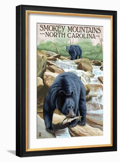 Smokey Mountains, North Carolina - Bears Fishing-Lantern Press-Framed Art Print