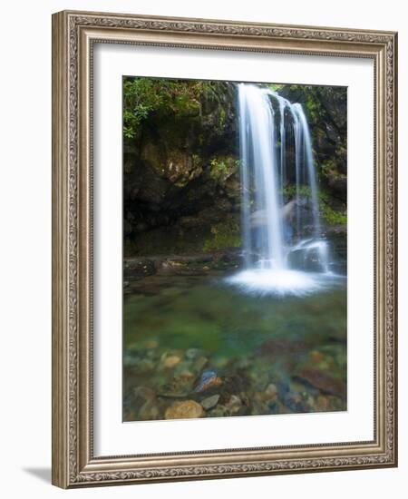 Smoky Mountain Natioanl Park: a Hiker Running Behind Grotto Falls-Brad Beck-Framed Photographic Print