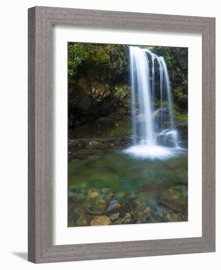 Smoky Mountain Natioanl Park: a Hiker Running Behind Grotto Falls-Brad Beck-Framed Photographic Print