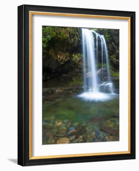 Smoky Mountain Natioanl Park: a Hiker Running Behind Grotto Falls-Brad Beck-Framed Photographic Print