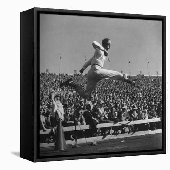 Smu Cheerleader Leaping High into Air at University of Texas Football Game-Loomis Dean-Framed Premier Image Canvas