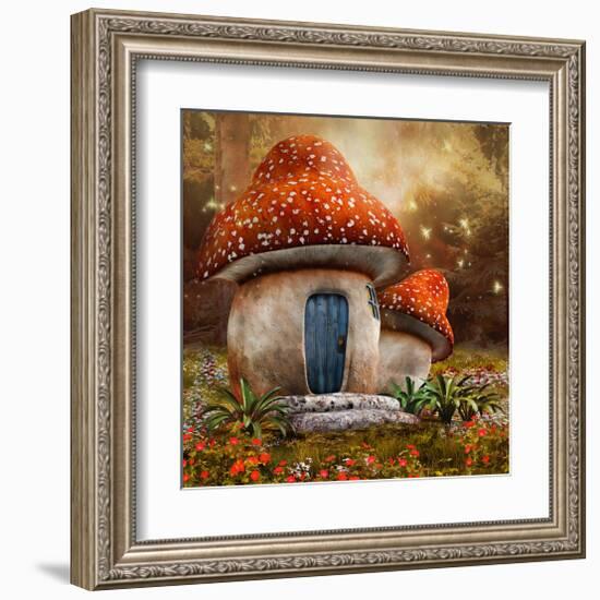 Smurfs Mushroom Meadow Cottage-null-Framed Art Print