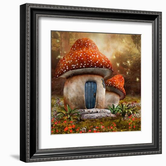 Smurfs Mushroom Meadow Cottage-null-Framed Art Print