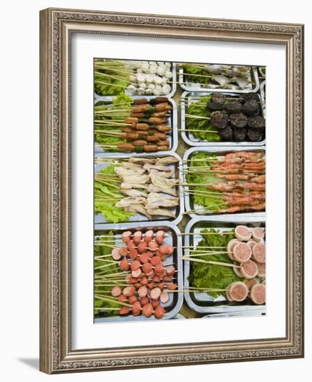 Snacks at Outdoor Grill Stand, Old Town, Lijiang, Yunnan Province, China-Walter Bibikow-Framed Photographic Print